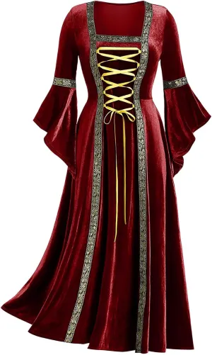 Medieval Costume Women Renaissance Dress Retro Velvet Trumpet Sleeve Corset Dress Irish Gown Long Dress for Halloween