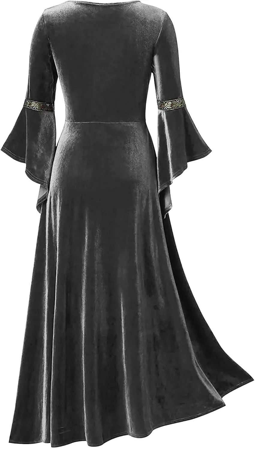 Medieval Costume Women Renaissance Dress Retro Velvet Trumpet Sleeve Corset Dress Irish Gown Long Dress for Halloween