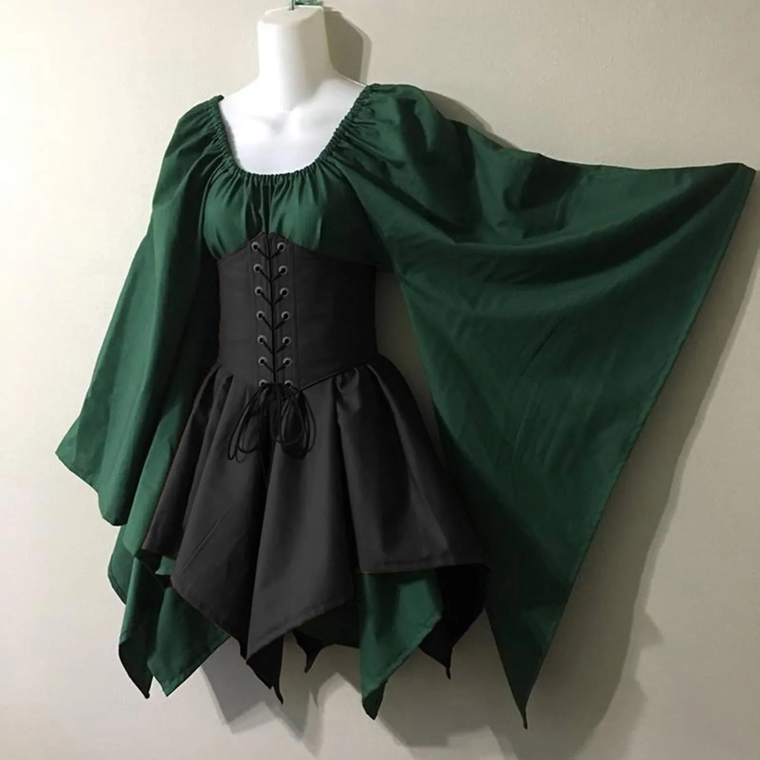 Medieval Costume Womens Renaissance Dress with Corset Retro Trumpet Long Sleeve Short Gothic Dress Elf Cosplay Costumes