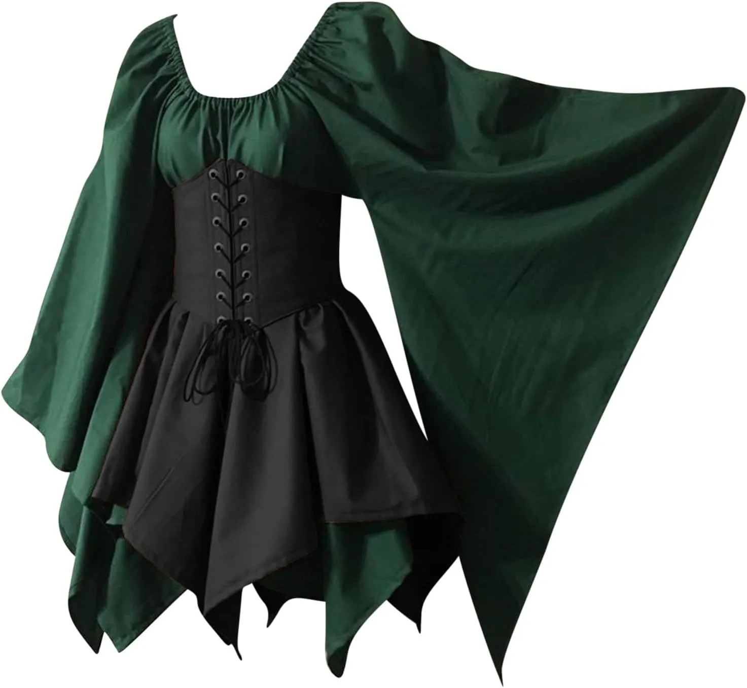 Medieval Costume Womens Renaissance Dress with Corset Retro Trumpet Long Sleeve Short Gothic Dress Elf Cosplay Costumes
