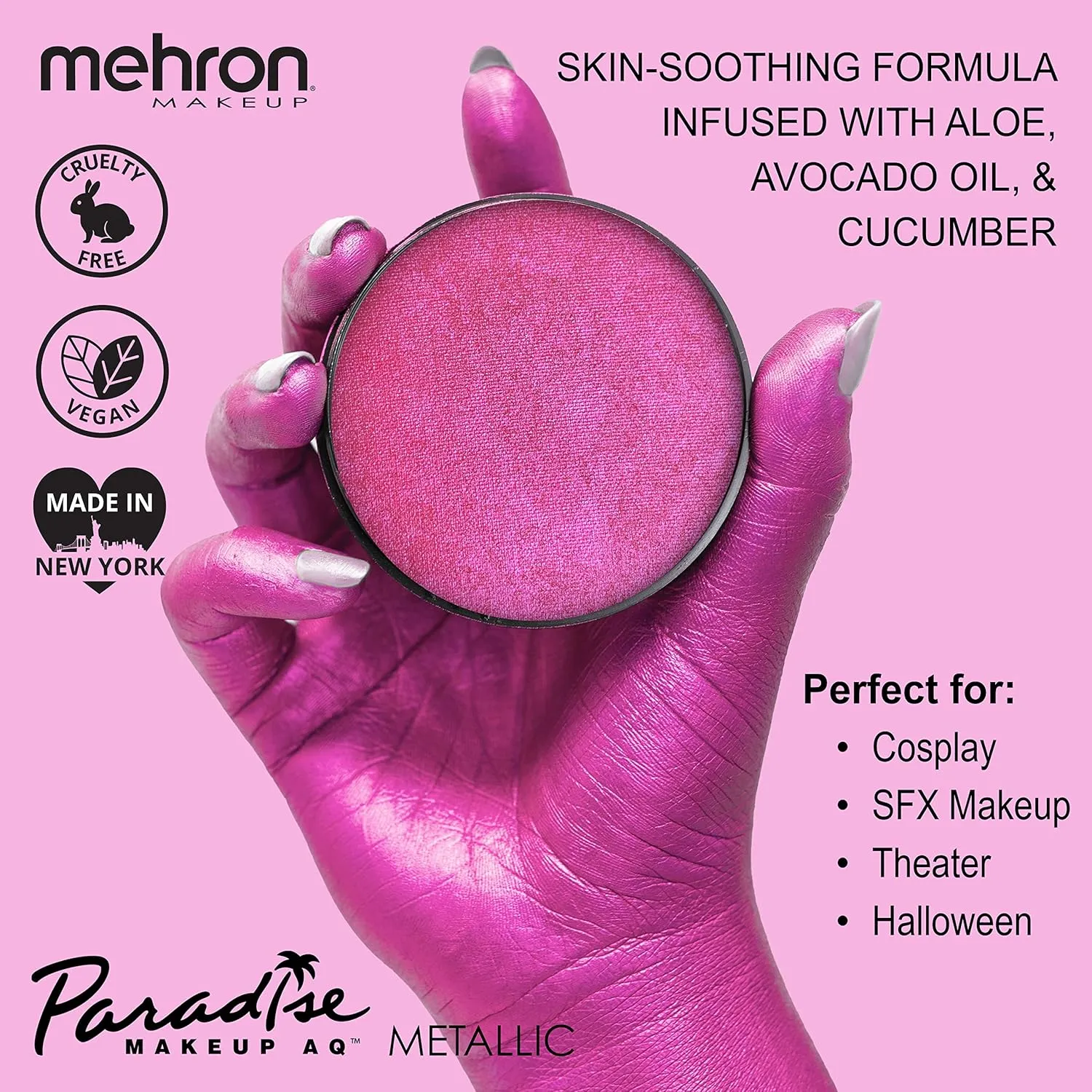 Mehron Makeup Paradise FX Makeup Pro Size | Stage & Screen, Face & Body Painting, Special FX, Beauty, Cosplay, and Halloween | Water Activated Face Paint & Body Paint 1.4 oz (40 g) (Metallic Fuchsia)