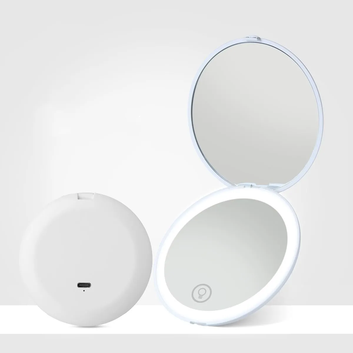 Meichoon Mini Travel Mirror LED Light 2X Magnifying Makeup Mirror Compact Handheld Foldable Circle Pocket Mirror Portable USB Rechargeable for Beauty Personal Care Lipstick UK14 White