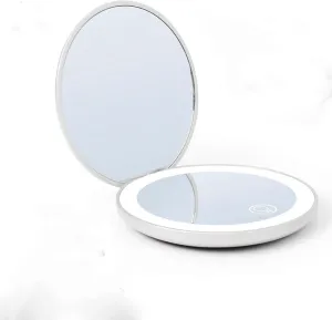 Meichoon Mini Travel Mirror LED Light 2X Magnifying Makeup Mirror Compact Handheld Foldable Circle Pocket Mirror Portable USB Rechargeable for Beauty Personal Care Lipstick UK14 White