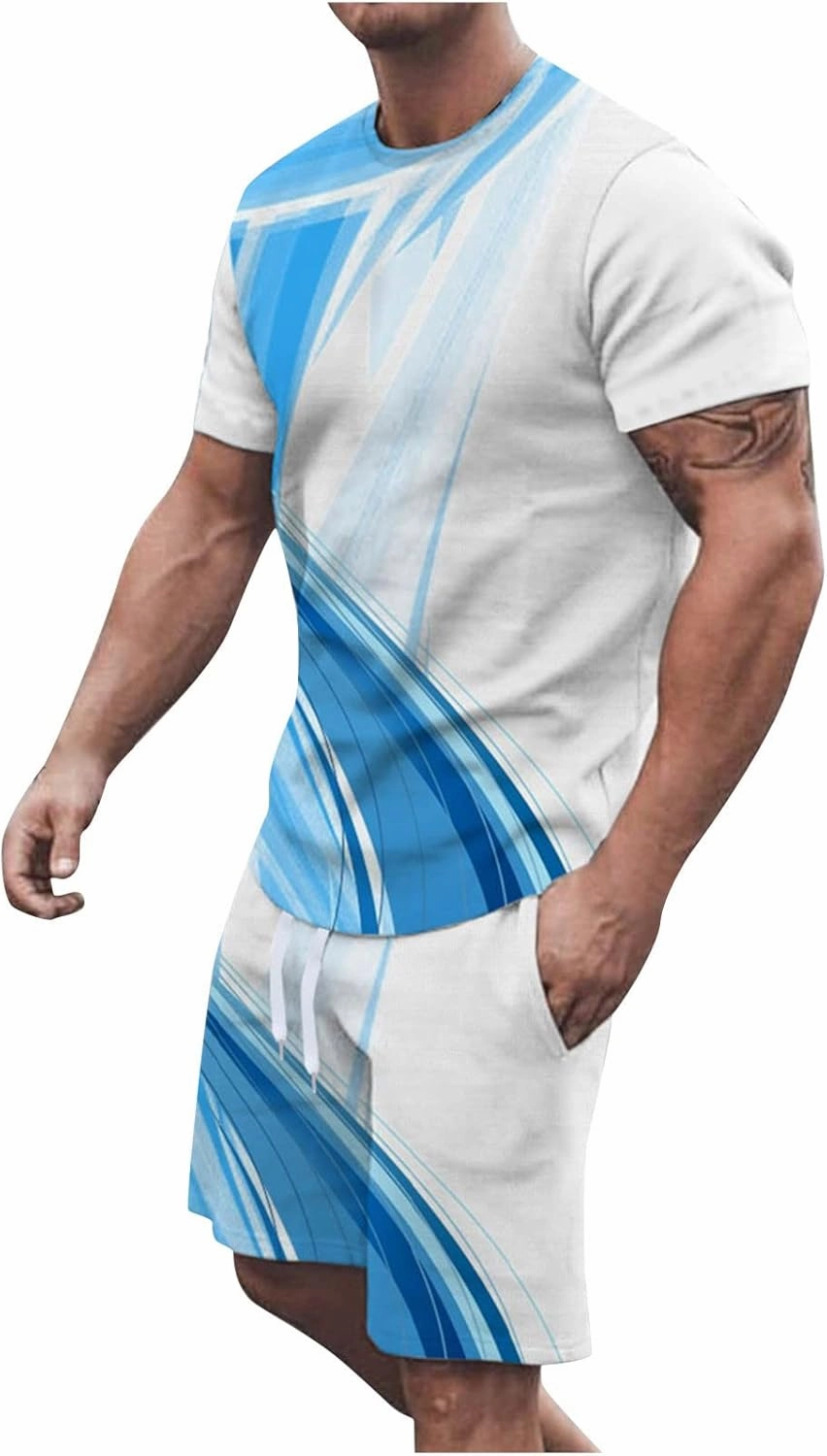 Men 2 Piece Outfits Casual Short Sleeve Summer Fashion Gradient Color Athletic Shirt and Drawstring Shorts Sweatsuit