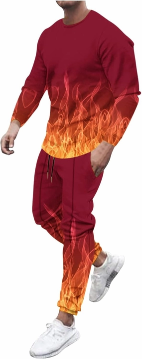 Men's Athletic 2 Pieces Tracksuit Casual 3D Flame Print Pullover Crewneck Sweatshirts Loose Sports Sweatpant Set
