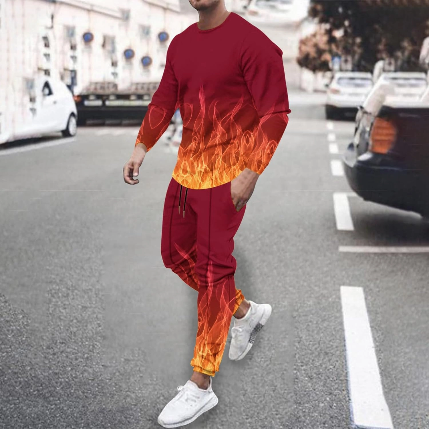 Men's Athletic 2 Pieces Tracksuit Casual 3D Flame Print Pullover Crewneck Sweatshirts Loose Sports Sweatpant Set