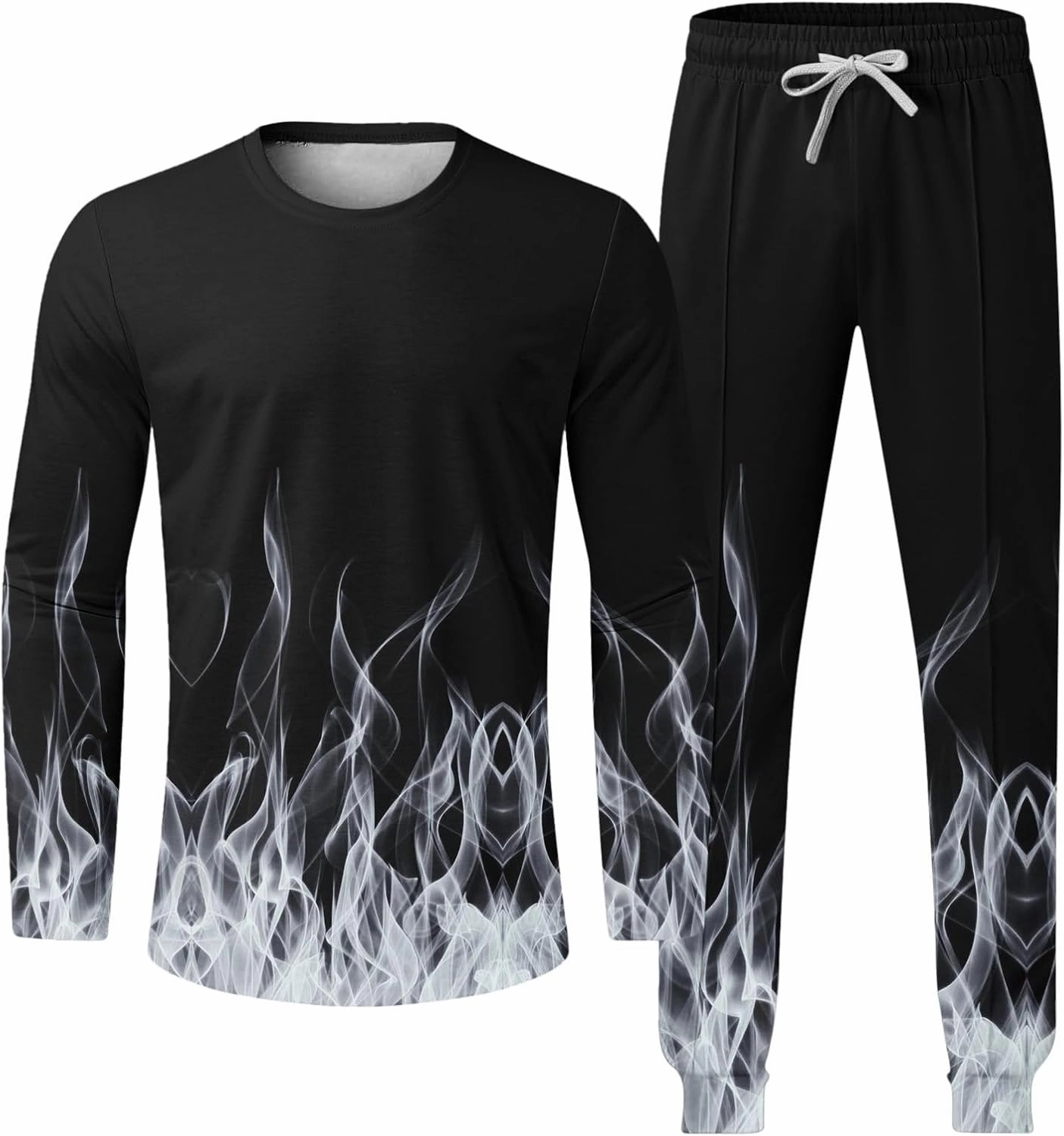 Men's Athletic 2 Pieces Tracksuit Casual 3D Flame Print Pullover Crewneck Sweatshirts Loose Sports Sweatpant Set
