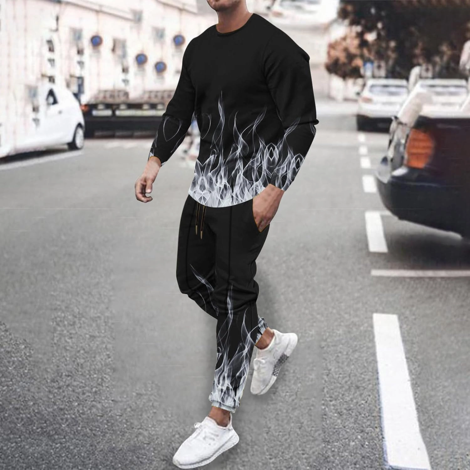 Men's Athletic 2 Pieces Tracksuit Casual 3D Flame Print Pullover Crewneck Sweatshirts Loose Sports Sweatpant Set