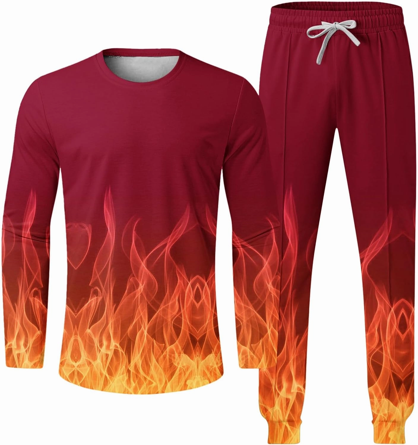 Men's Athletic 2 Pieces Tracksuit Casual 3D Flame Print Pullover Crewneck Sweatshirts Loose Sports Sweatpant Set