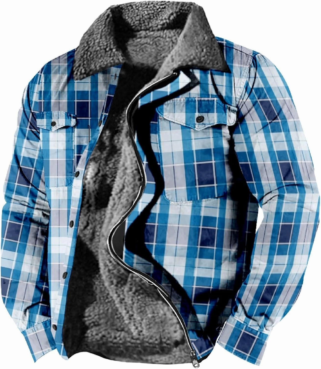 Men's Hooded Shirt Jacket Plaid Pocket Hooded Loose Coat Plus Velvet Shirt Top with Hood for Men Fleece Lined