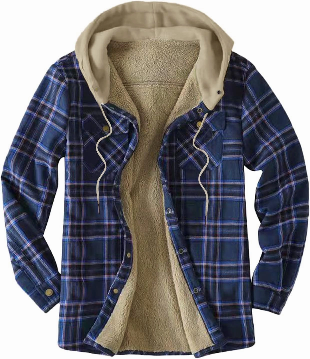 Men's Hooded Shirt Jacket Plaid Pocket Hooded Loose Coat Plus Velvet Shirt Top with Hood for Men Fleece Lined