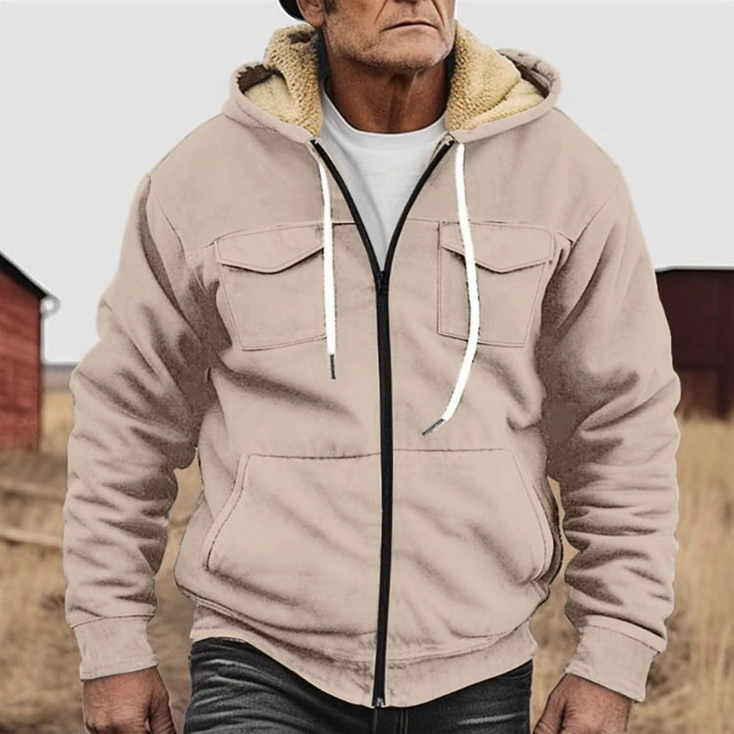 Men's Sherpa Fleece Lined Jackets Winter Warm Thick Zip Big and Tall Sherpa Lined Pullover Drawstring Coats Outwear