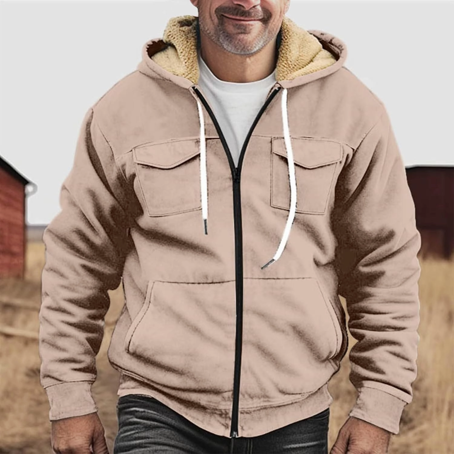 Men's Sherpa Fleece Lined Jackets Winter Warm Thick Zip Big and Tall Sherpa Lined Pullover Drawstring Coats Outwear