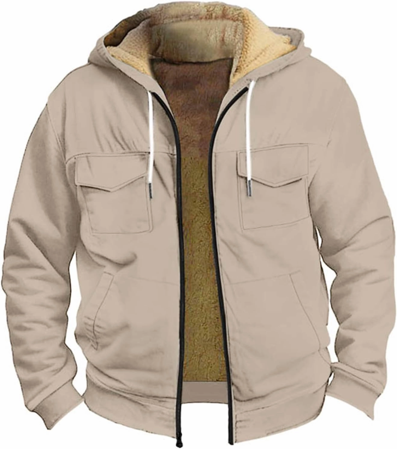 Men's Sherpa Fleece Lined Jackets Winter Warm Thick Zip Big and Tall Sherpa Lined Pullover Drawstring Coats Outwear