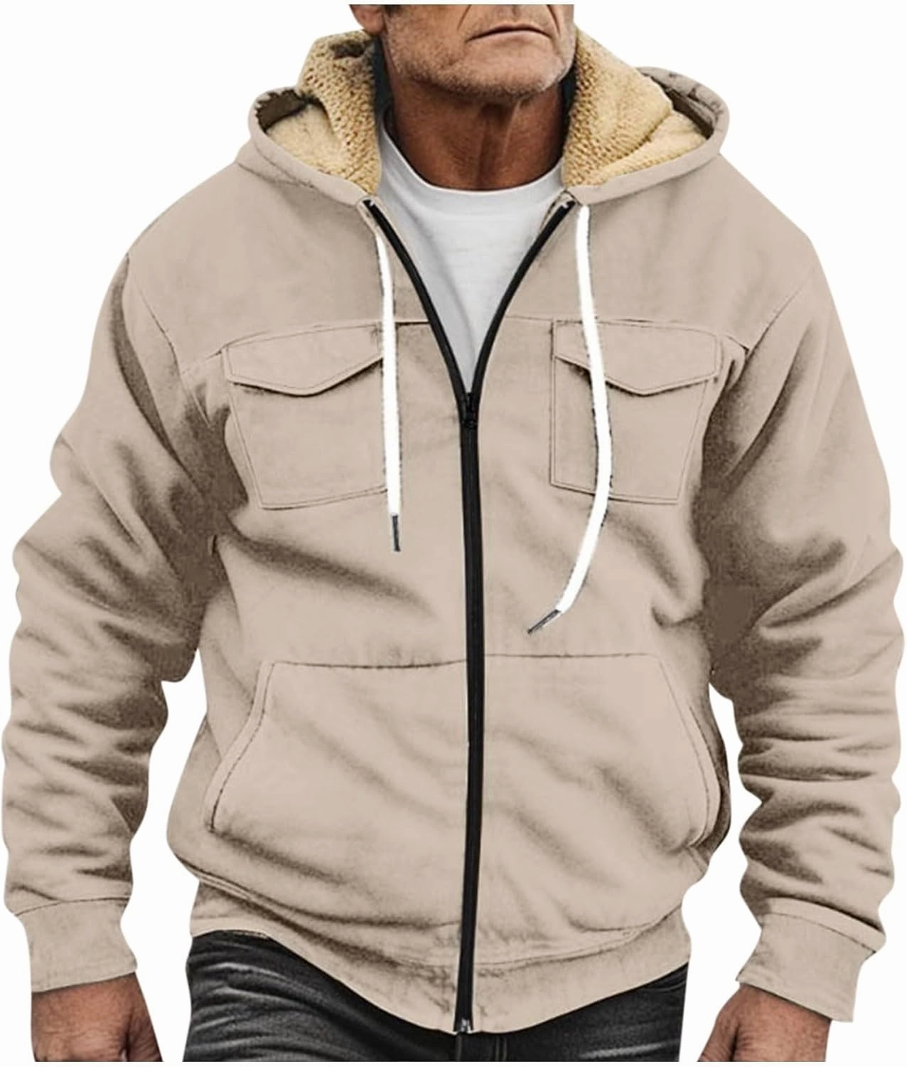 Men's Sherpa Fleece Lined Jackets Winter Warm Thick Zip Big and Tall Sherpa Lined Pullover Drawstring Coats Outwear