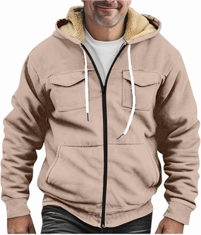 Men's Sherpa Fleece Lined Jackets Winter Warm Thick Zip Big and Tall Sherpa Lined Pullover Drawstring Coats Outwear