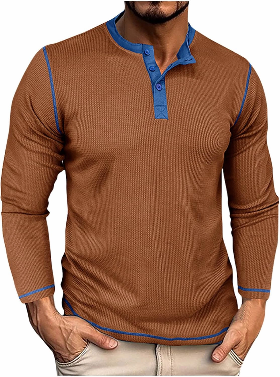 Men Waffle Knit Shirts 1/4 Button Long Sleeve Casual T-Shirts Solid Color Lightweight Loose Fit Shirt