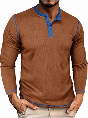 Men Waffle Knit Shirts 1/4 Button Long Sleeve Casual T-Shirts Solid Color Lightweight Loose Fit Shirt