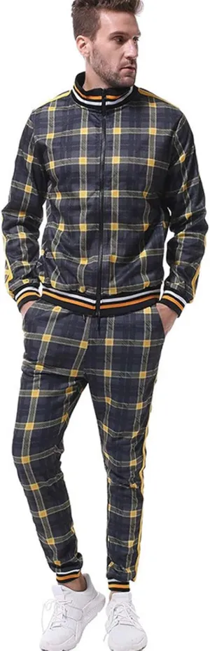 Men's 2 Piece Outfits Casual Long Sleeve Full Zip Plaid Print Shirt Drawstring Stretch Jogger Pant Set Tracksuit