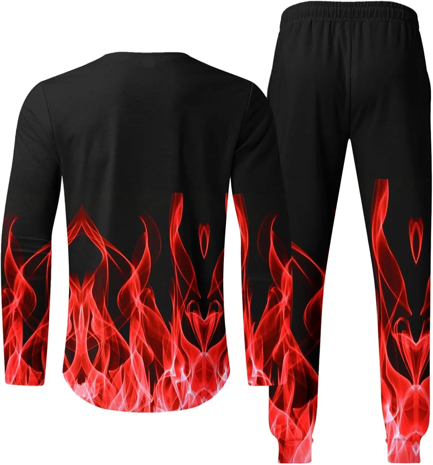 Men's Athletic 2 Pieces Tracksuit Casual 3D Flame Print Pullover Crewneck Sweatshirts Loose Sports Sweatpant Set