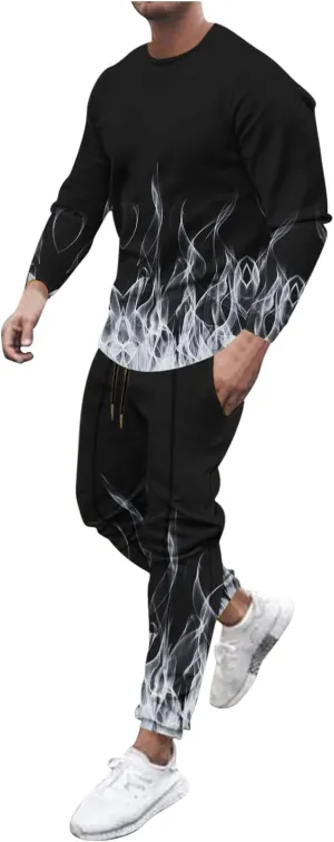 Men's Athletic 2 Pieces Tracksuit Casual 3D Flame Print Pullover Crewneck Sweatshirts Loose Sports Sweatpant Set