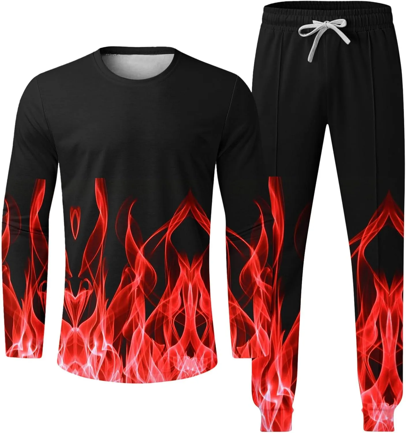 Men's Athletic 2 Pieces Tracksuit Casual 3D Flame Print Pullover Crewneck Sweatshirts Loose Sports Sweatpant Set