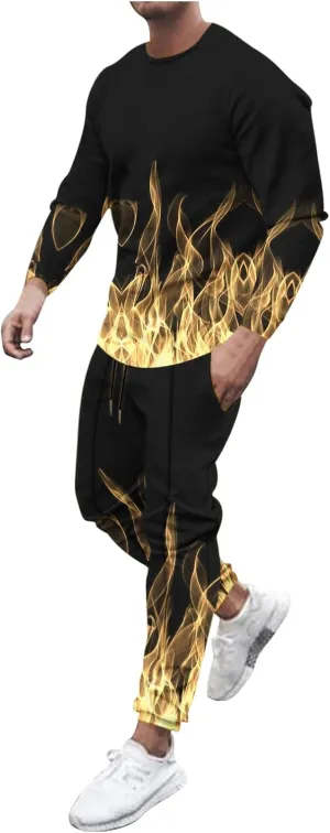 Men's Athletic 2 Pieces Tracksuit Casual 3D Flame Print Pullover Crewneck Sweatshirts Loose Sports Sweatpant Set