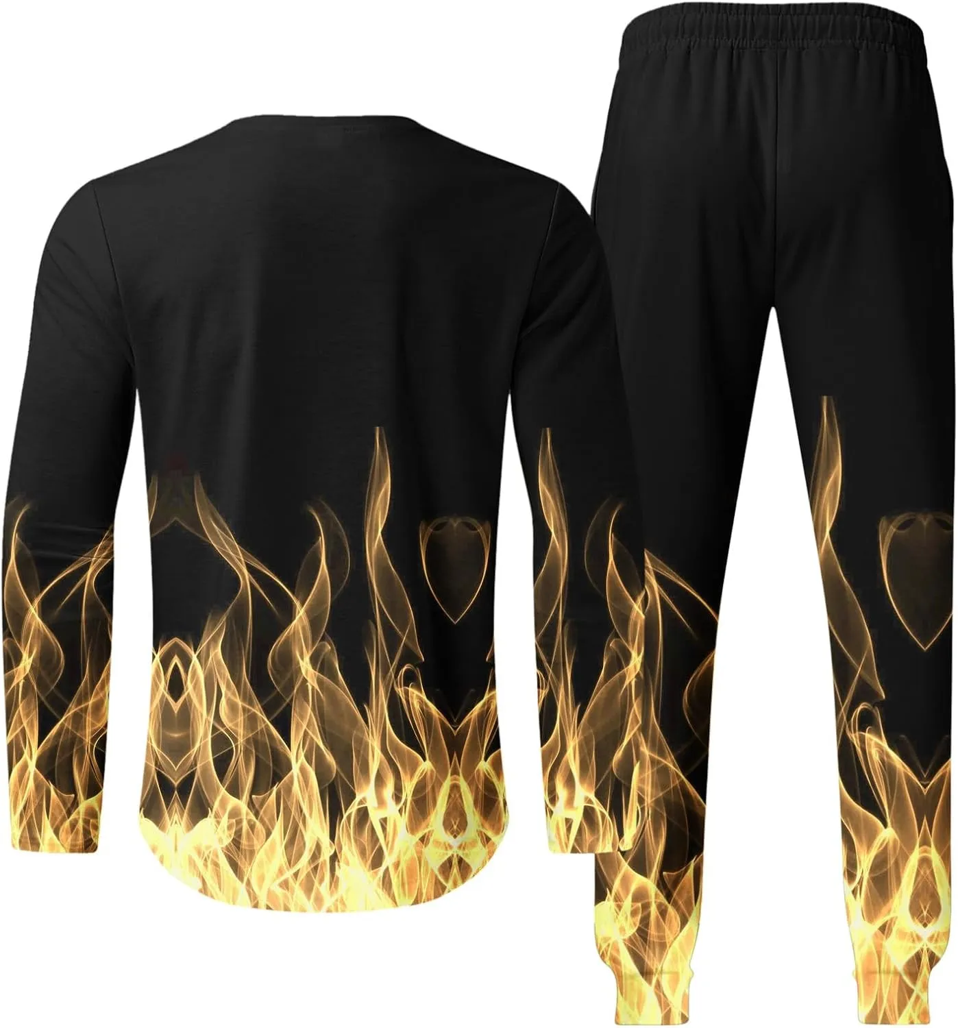 Men's Athletic 2 Pieces Tracksuit Casual 3D Flame Print Pullover Crewneck Sweatshirts Loose Sports Sweatpant Set