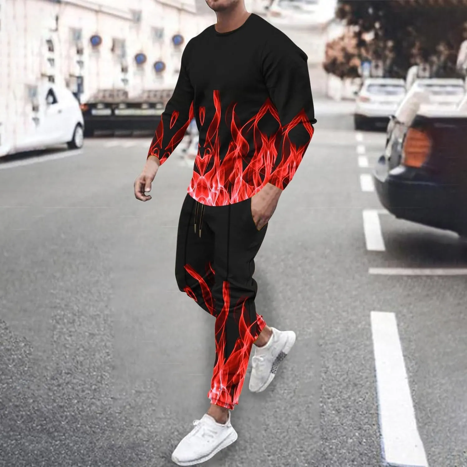 Men's Athletic 2 Pieces Tracksuit Casual 3D Flame Print Pullover Crewneck Sweatshirts Loose Sports Sweatpant Set