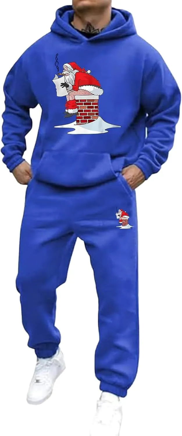 Men's Athletic Hoodie Tracksuit Funny Christmas Tracksuit 2 Piece Funny Reindeer Santa Casual Athletic Jogging Suits