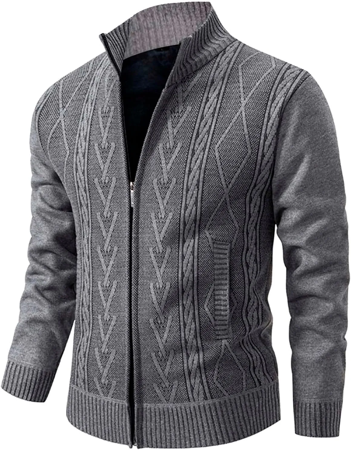 Mens Cardigan Sweater, Mens Full Zip Fleece Lined Cardigan Sweaters Casual Slim Fit Cable Knitted Sweater Jacket Coat