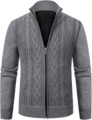 Mens Cardigan Sweater, Mens Full Zip Fleece Lined Cardigan Sweaters Casual Slim Fit Cable Knitted Sweater Jacket Coat