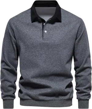 Men's Long Sleeve Polo Shirts Slim-fit Cotton Rugby Shirt Basic Color Spliced Designed Sweatshirt