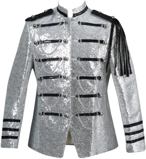 Men's Sequin Dress Coat Court Tuxedo Jacket with Chain Victorian Long Sleeve Blazer Punk Uniform Renaissance Costume