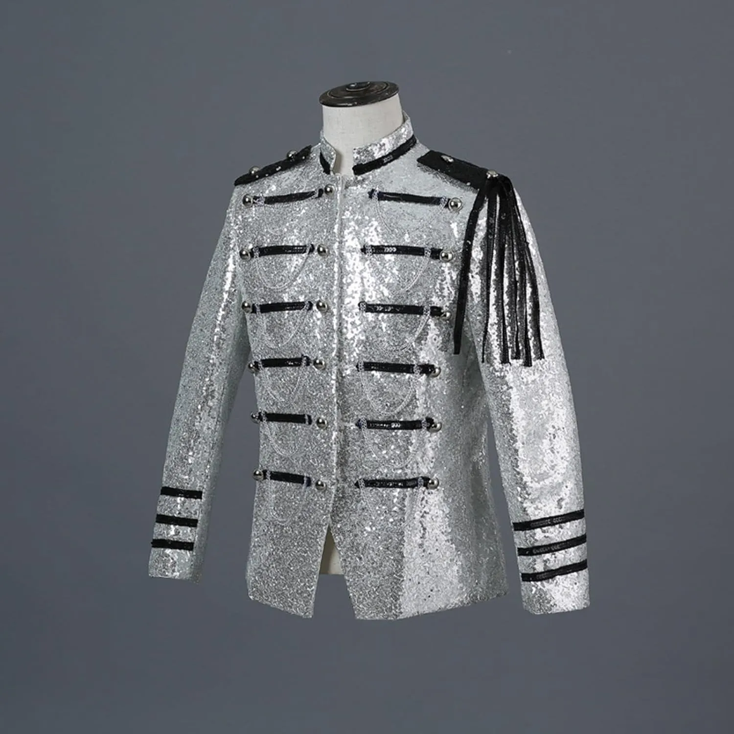 Men's Sequin Dress Coat Court Tuxedo Jacket with Chain Victorian Long Sleeve Blazer Punk Uniform Renaissance Costume
