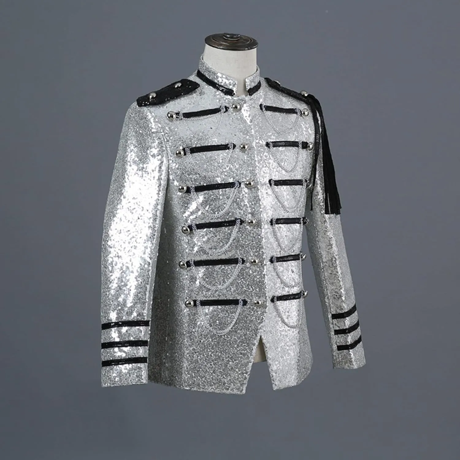 Men's Sequin Dress Coat Court Tuxedo Jacket with Chain Victorian Long Sleeve Blazer Punk Uniform Renaissance Costume