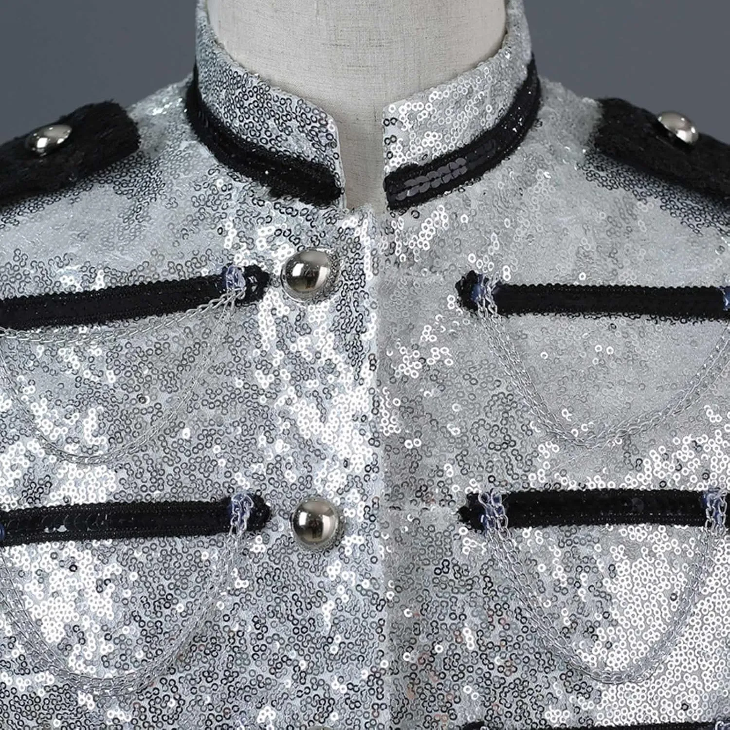 Men's Sequin Dress Coat Court Tuxedo Jacket with Chain Victorian Long Sleeve Blazer Punk Uniform Renaissance Costume