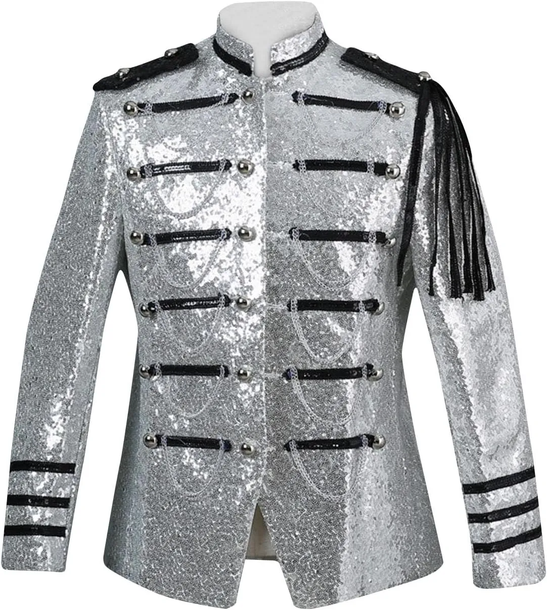 Men's Sequin Dress Coat Court Tuxedo Jacket with Chain Victorian Long Sleeve Blazer Punk Uniform Renaissance Costume