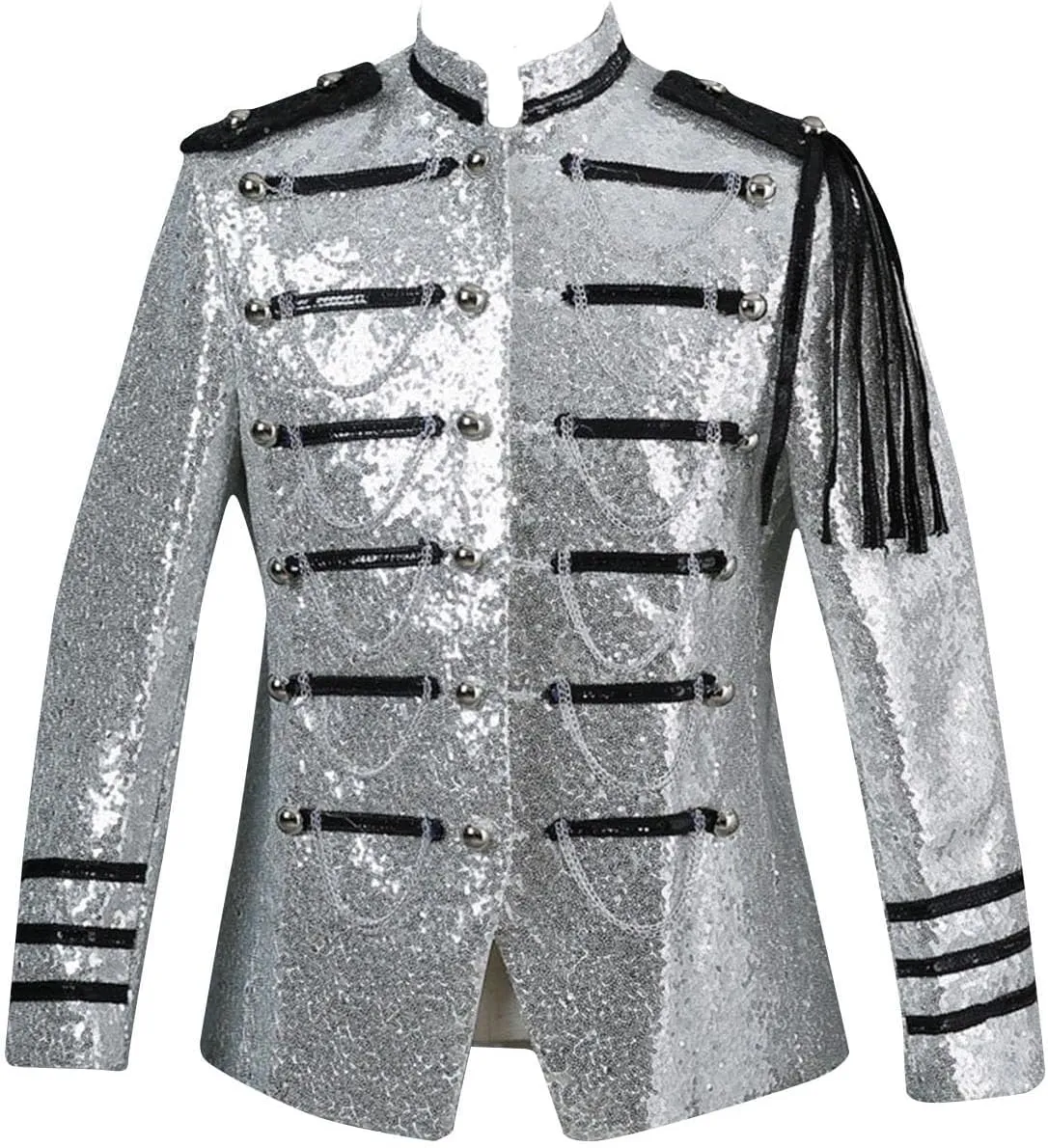 Men's Sequin Dress Coat Court Tuxedo Jacket with Chain Victorian Long Sleeve Blazer Punk Uniform Renaissance Costume