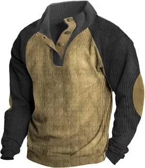 Mens Snap-Front Long Sleeved Rugged Sweatshirts Corduroy Shirt Button Down Ribbed Fall Textured Shacket Slim Fit Warm Sweater