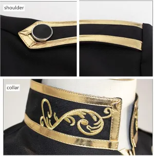 Mens Stylish Court Prince Black Velvet Gold Embroidery Blazer Suit Jacket Parade Punk Officer Fitted Costume