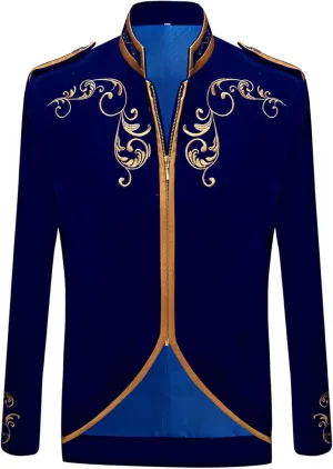 Men's Stylish Prince Velvet Blazer Slim Fit Gold Embroidery Jacket Suit Court Uniform Costume Tux Dress Suits