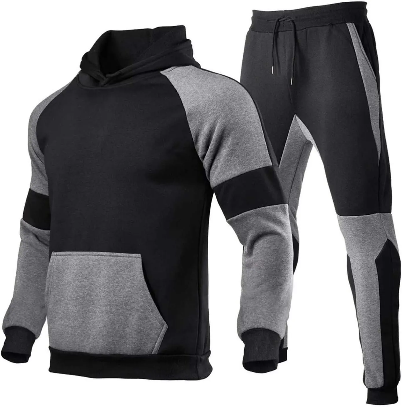 Men's Tracksuit 2 Piece Hoodie Athletic Sweatsuits Color Block Long Sleeve Hooded Sweatshirts Loose Sweatpant Set