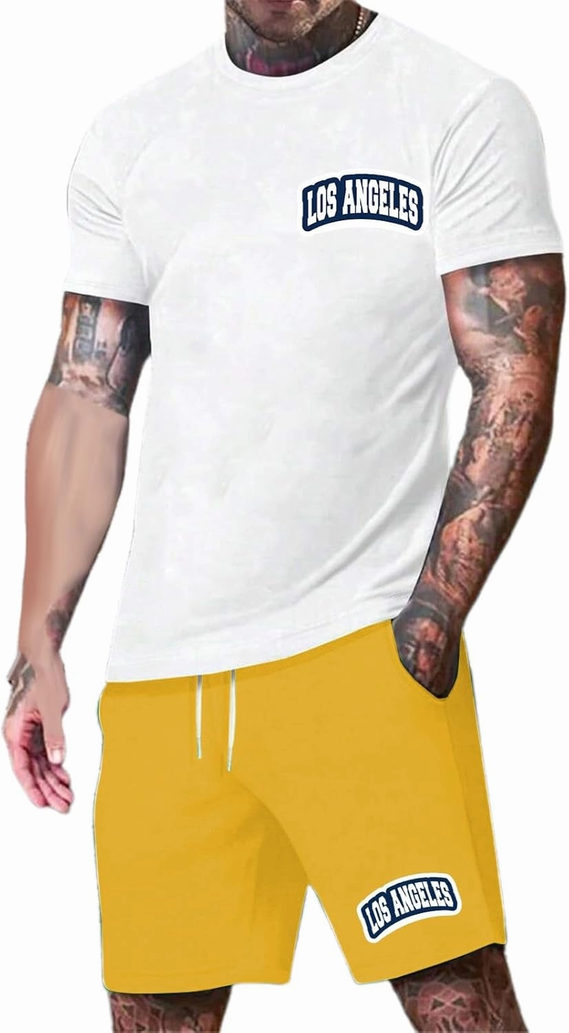 Mens City Letter Print Slim T Shirt Shorts Vacation Wear Light Breathable Business Casual Fitness Two Piece Set