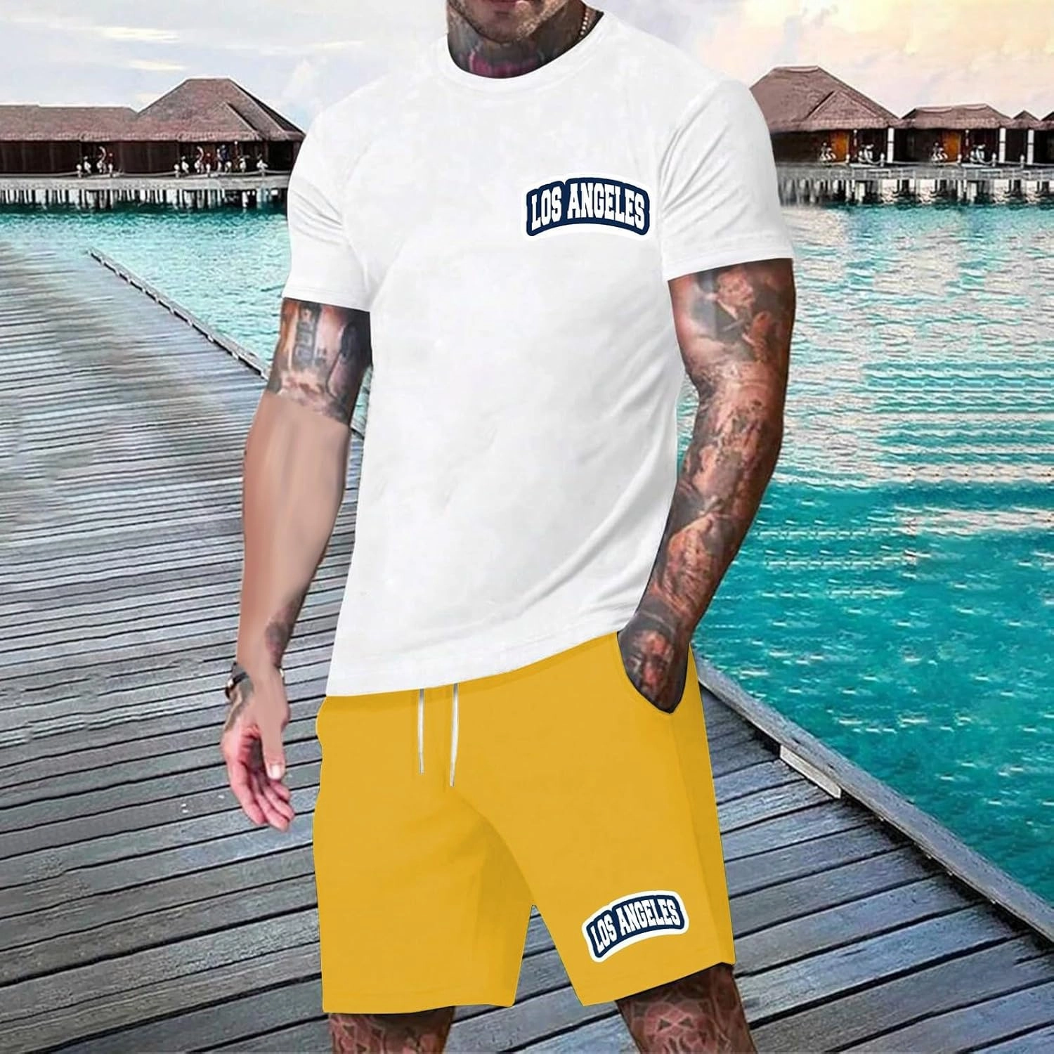Mens City Letter Print Slim T Shirt Shorts Vacation Wear Light Breathable Business Casual Fitness Two Piece Set
