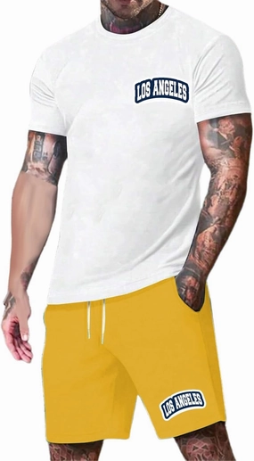 Mens City Letter Print Slim T Shirt Shorts Vacation Wear Light Breathable Business Casual Fitness Two Piece Set