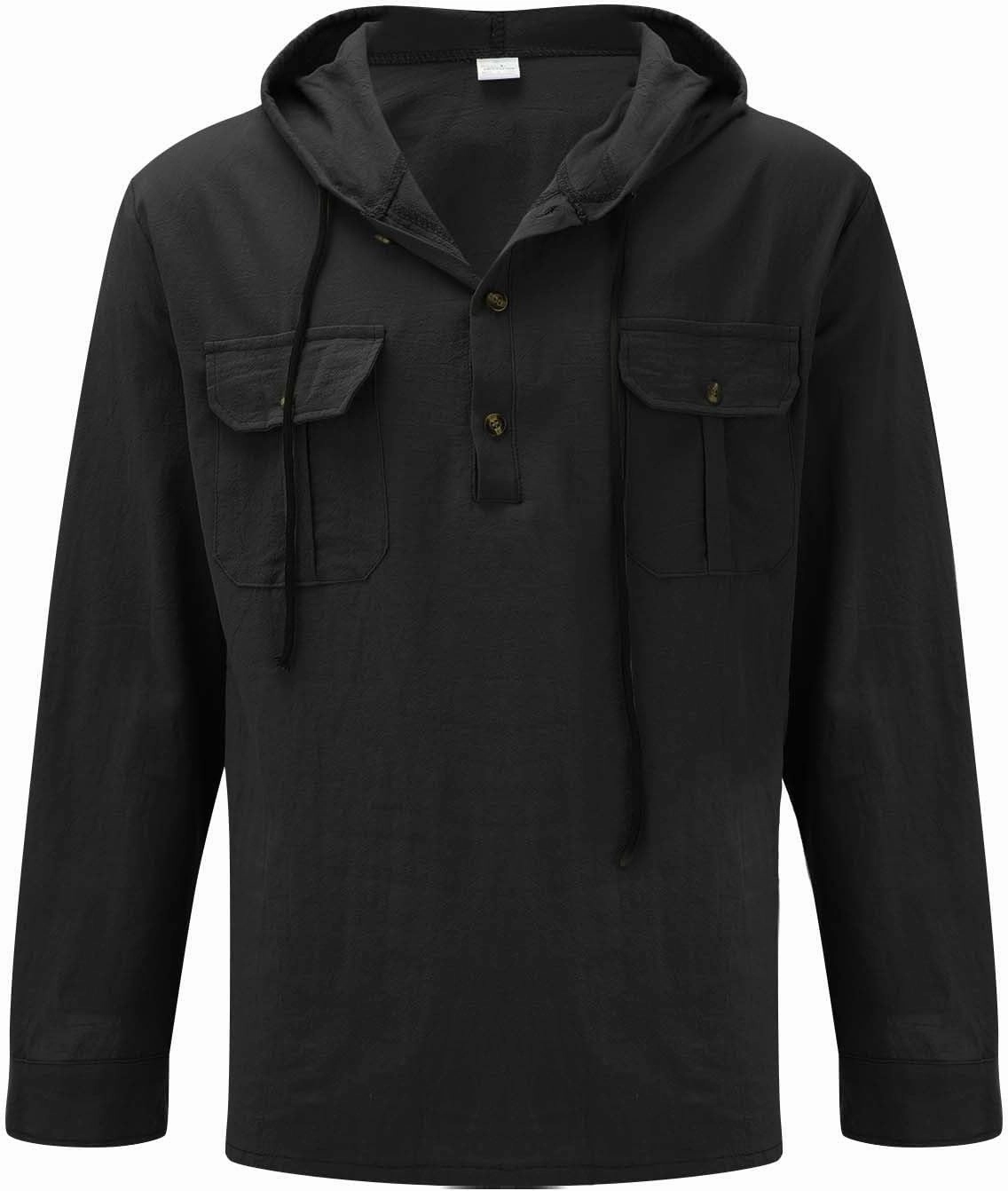 Mens Cotton Linen Shirts with Hooded Casual 3/4 Roll-Up Sleeve Summer Beach Hippie Shirt Lightweight Drying Tee Tops