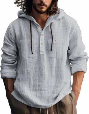 Mens Cotton Linen Shirts with Hooded Casual 3/4 Roll-Up Sleeve Summer Beach Hippie Shirt Lightweight Drying Tee Tops