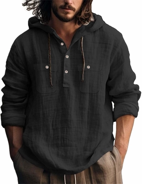 Mens Cotton Linen Shirts with Hooded Casual 3/4 Roll-Up Sleeve Summer Beach Hippie Shirt Lightweight Drying Tee Tops