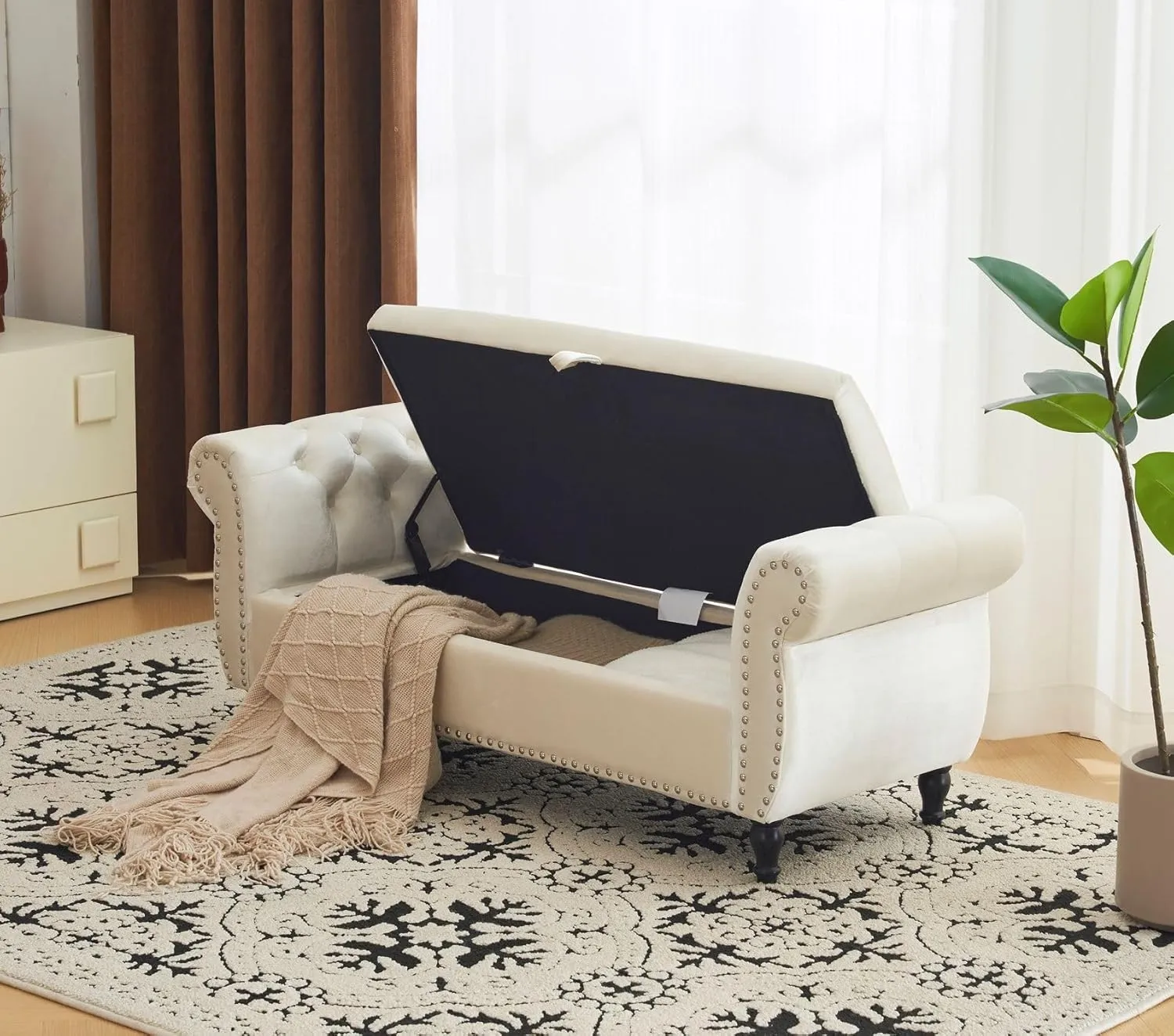 Merax 51" Velvet Armrest Ottoman with Storage and Pillow, Pine Wood Upholstered Bench Seating Foot Rest Stool Furniture for Bedroom, Living Room, Entryway, Beige